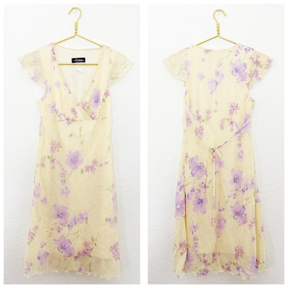 Vintage 90s City Triangles Butter Yellow Floral Midi Dress Fairy Coquette Y2K